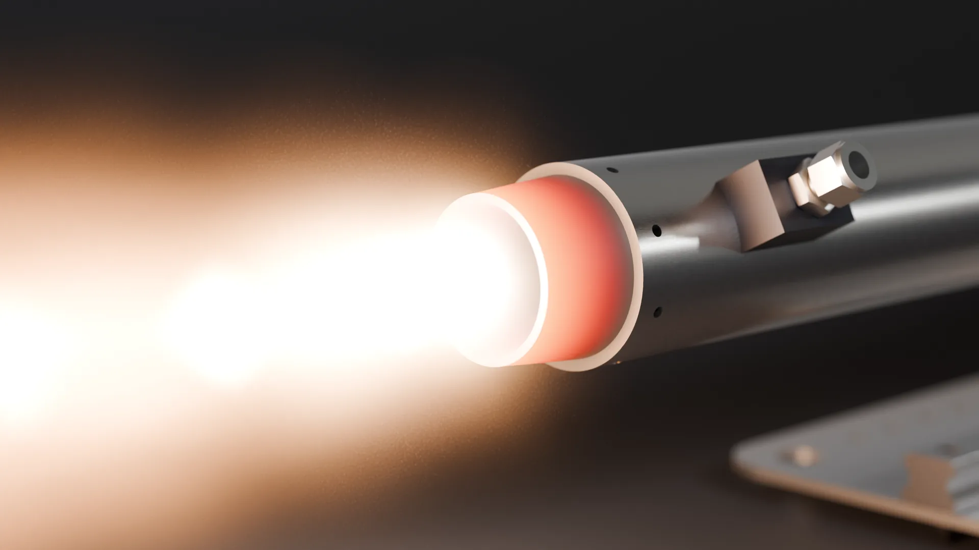 Close-up render of the Remus nozzle during a simulated static fire